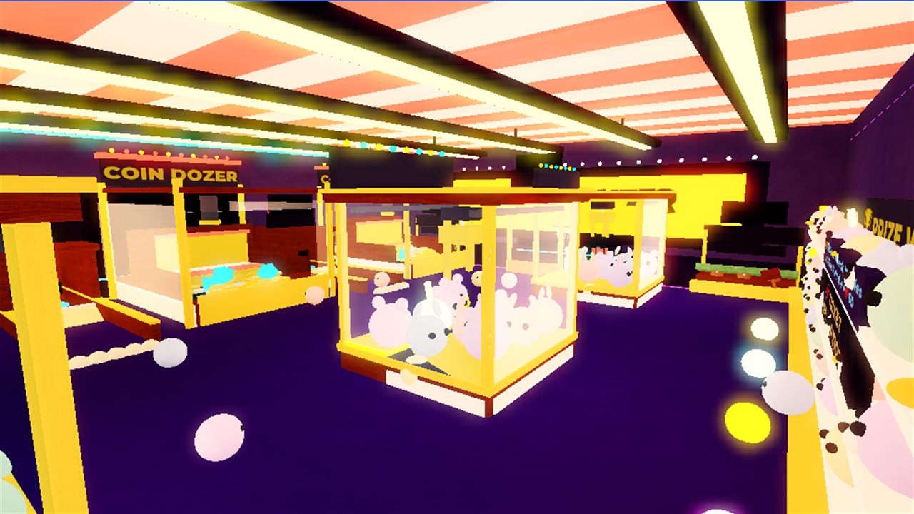 Claw machines and coin dozers inside the arcade