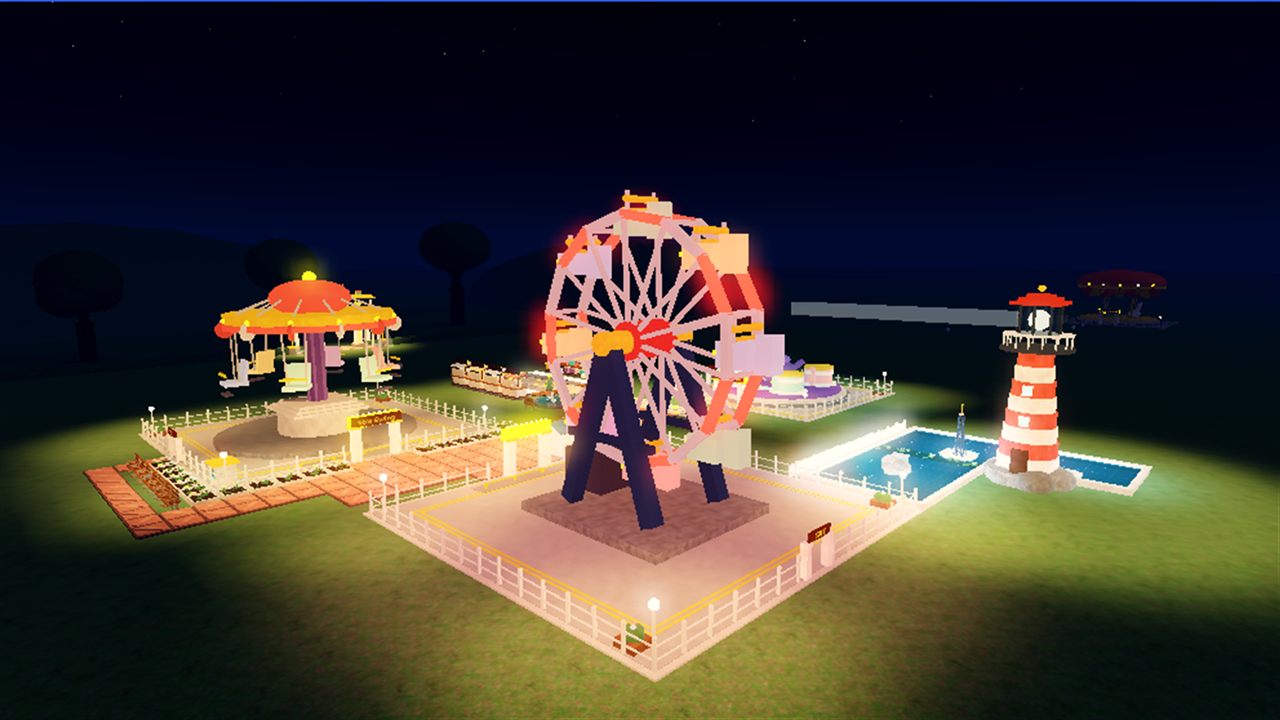 A player's park lit up at night: ferris wheel, swing carousel, lighthouse and a lake