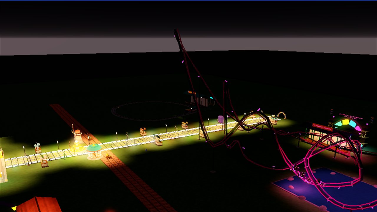 A neon coaster and ferris wheel lit against the night sky