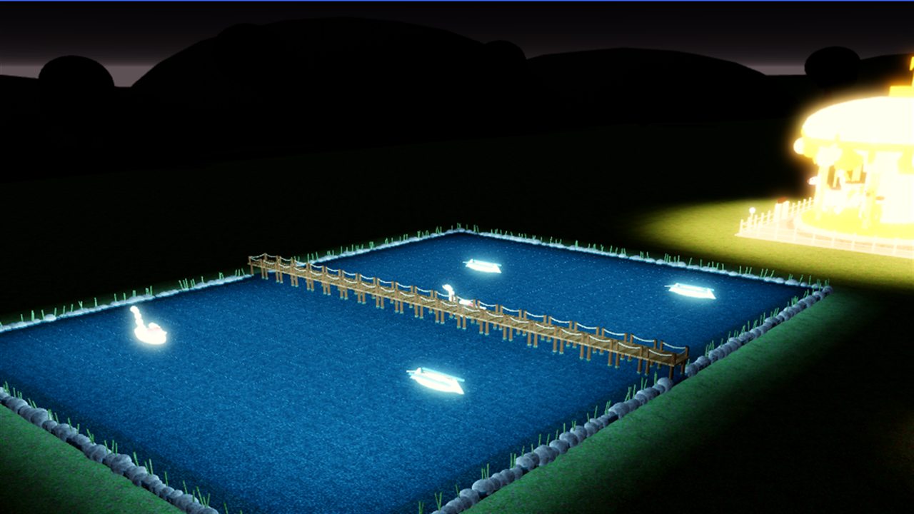 A boating lake with a jetty, rowing boats and a lit carousel beside it